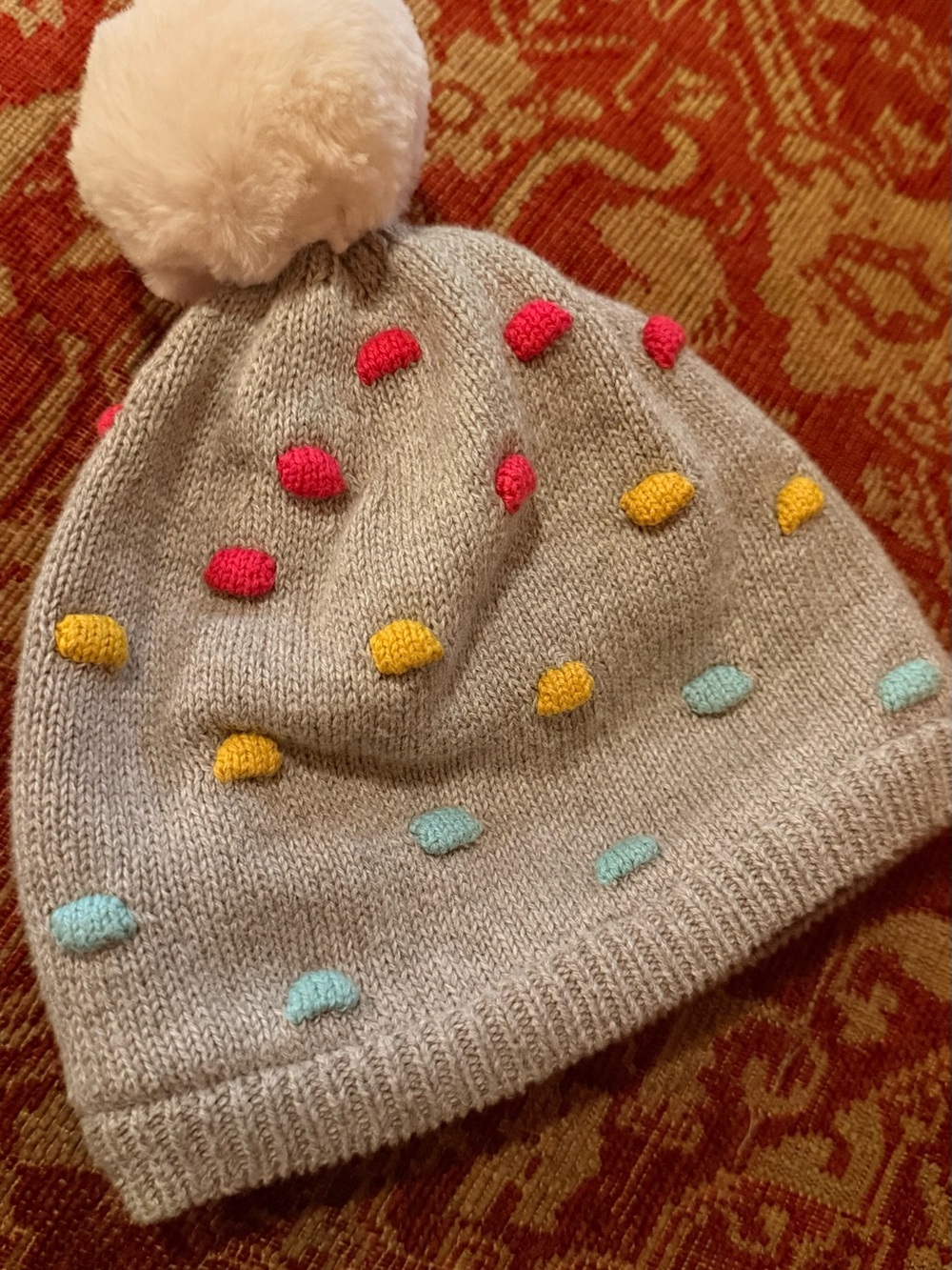 Baby Gap 6-12 months  Pom-Pom Beanie Hat with Pink, Yellow & Light Blue Dots